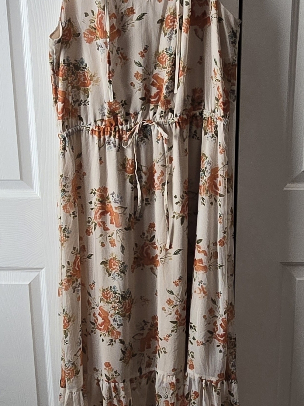 Wassimo Floral Tie-Waist Maxi Dress in Cream and Orange